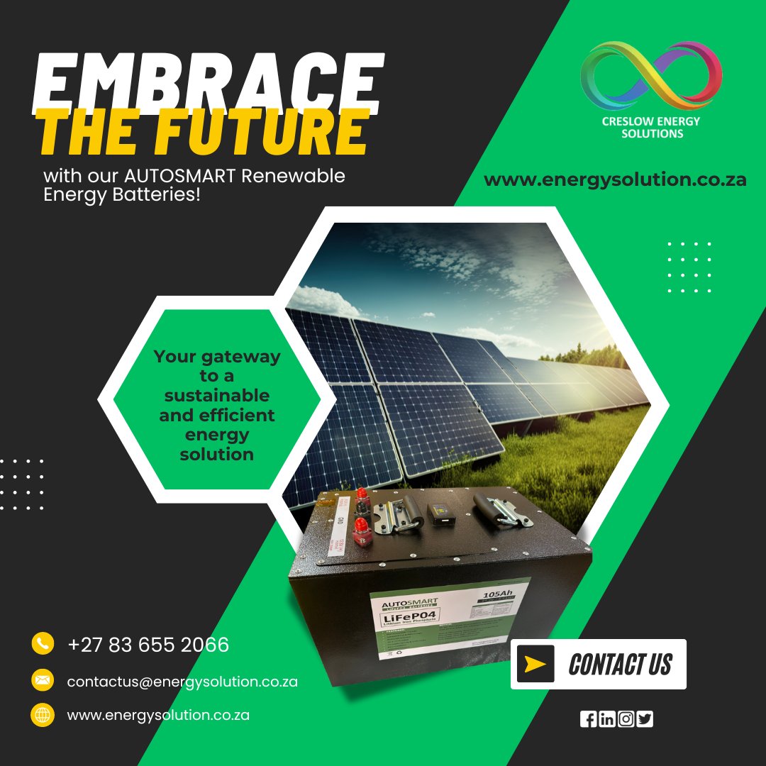 CreslowSolution's tweet image. Step into a greener tomorrow with AUTOSMART Renewable Energy Batteries. 
#creslowenergy #autosmart #cleanenergystoragesolutions #energysolution #ProudlySA #GreenEnergy #EcoFriendly #embracethefuture #RenewableEnergy #SolarPower