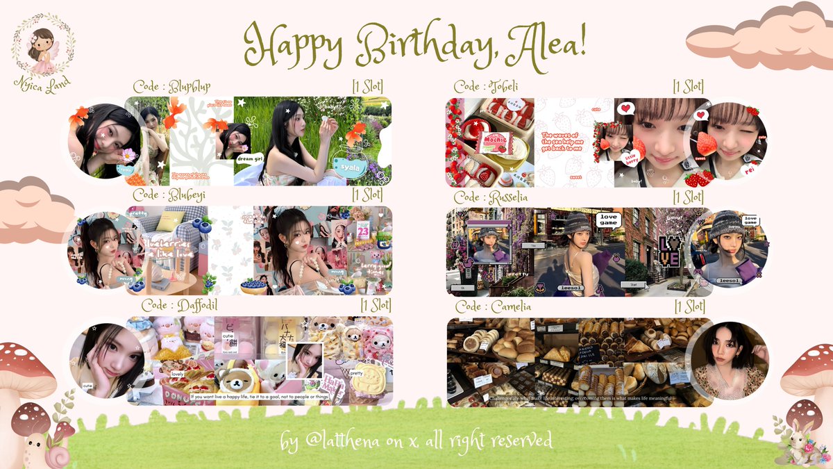 latthena's tweet image. Help repost, tysm!🧚🏻‍♀️

Happy Birthday Aleaa!! 🍯

Haloow dalam rangka merayakan ulang tahunnya Alea [@jasdyne] hari ini Nyica mau bagiin 6 FREE SLOT LAYOUT BY REQ + 6 FREE LAYOUT RS. Layout bisa di jemput jam 20.55 WIB ke DM aku. Rules ada di postingan selanjutnya! 🌷✨

#zonauang