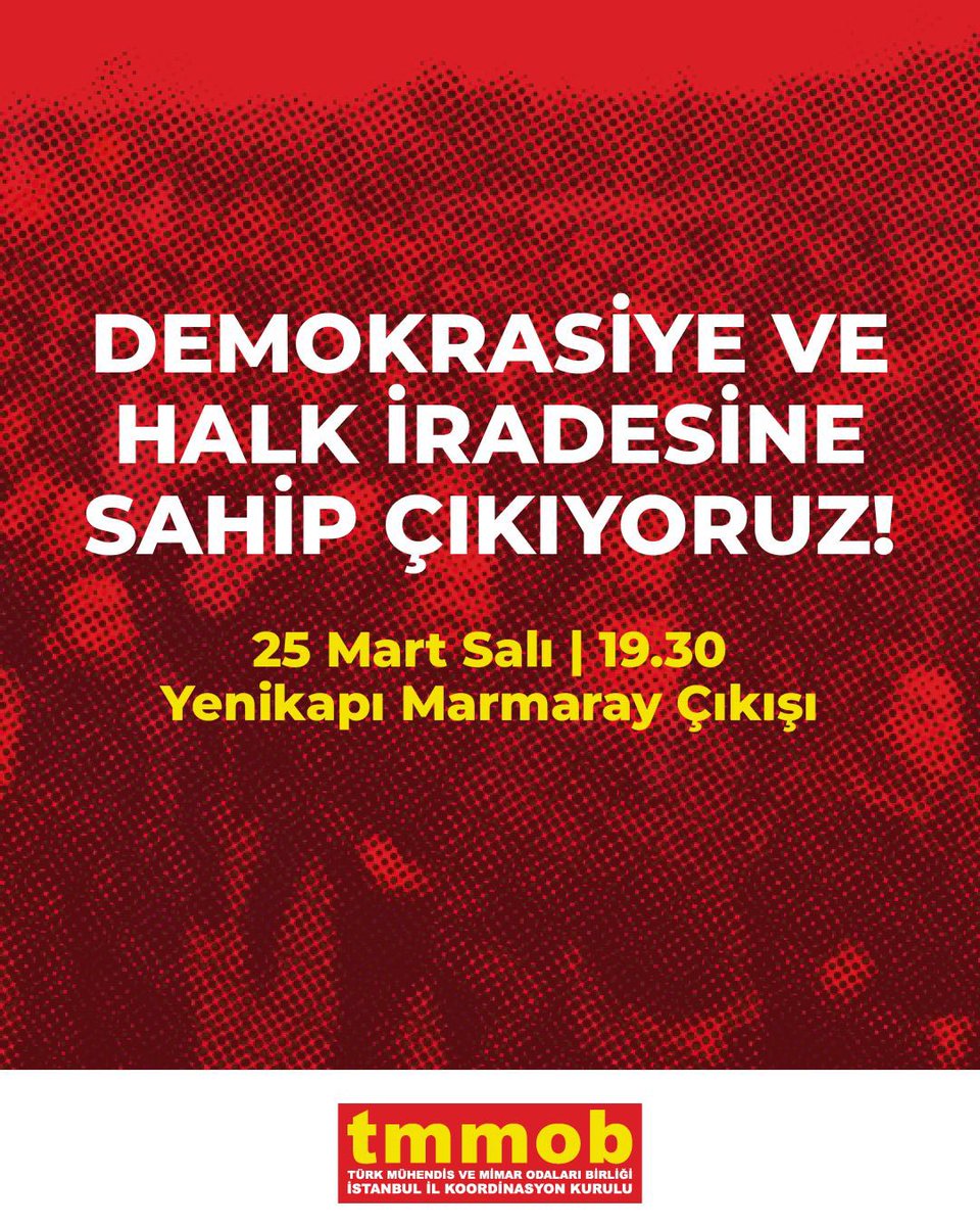📢 İstanbul’un mühendis, mimar ve  şehir plancıları halkın demokratik iradesi için yürüyor!

Demokrasiye ve Halk İradesine Sahip Çıkıyoruz!

🗓️ 25 Mart 2025 Salı | 19.30
📍 Yenikapı Marmaray Çıkışı