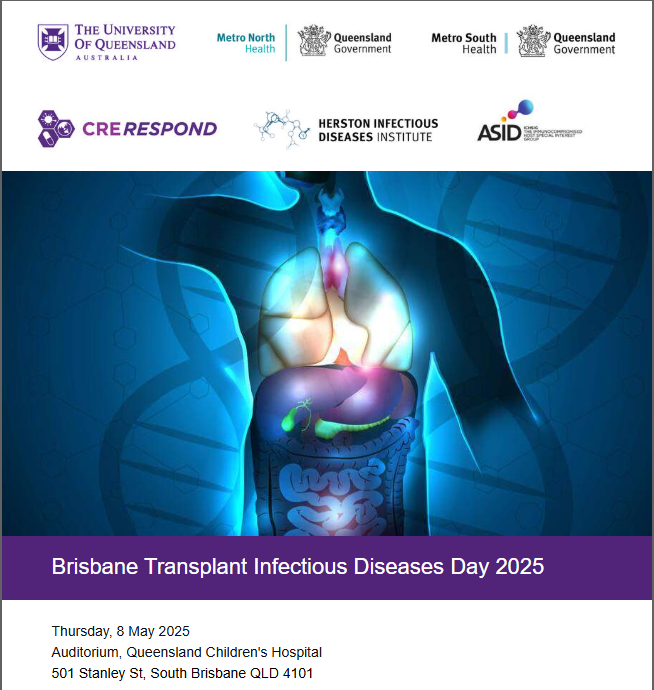 CRE RESPOND (@cre_respond) on Twitter photo 🫀What's new in Transplant Infectious Diseases in 2025?
📢Join us for the Brisbane TID Meeting!
🗓️8am, Thurs 8th May 2025
🗺️Queensland Children's Hospital, South Brisbane
🎟️$50pp📷bit.ly/3WTJqoC
<a href="/LSundac/">Lana Sundac</a>
<a href="/adm_stewart/">Adam Stewart</a>
<a href="/Agnw6/">Dr Andrea Henden</a> <a href="/jasonroberts_pk/">Jason Roberts</a> 🫀What's new in Transplant Infectious Diseases in 2025?
📢Join us for the Brisbane TID Meeting!
🗓️8am, Thurs 8th May 2025
🗺️Queensland Children's Hospital, South Brisbane
🎟️$50pp📷bit.ly/3WTJqoC
<a href="/LSundac/">Lana Sundac</a>
<a href="/adm_stewart/">Adam Stewart</a>
<a href="/Agnw6/">Dr Andrea Henden</a> <a href="/jasonroberts_pk/">Jason Roberts</a>