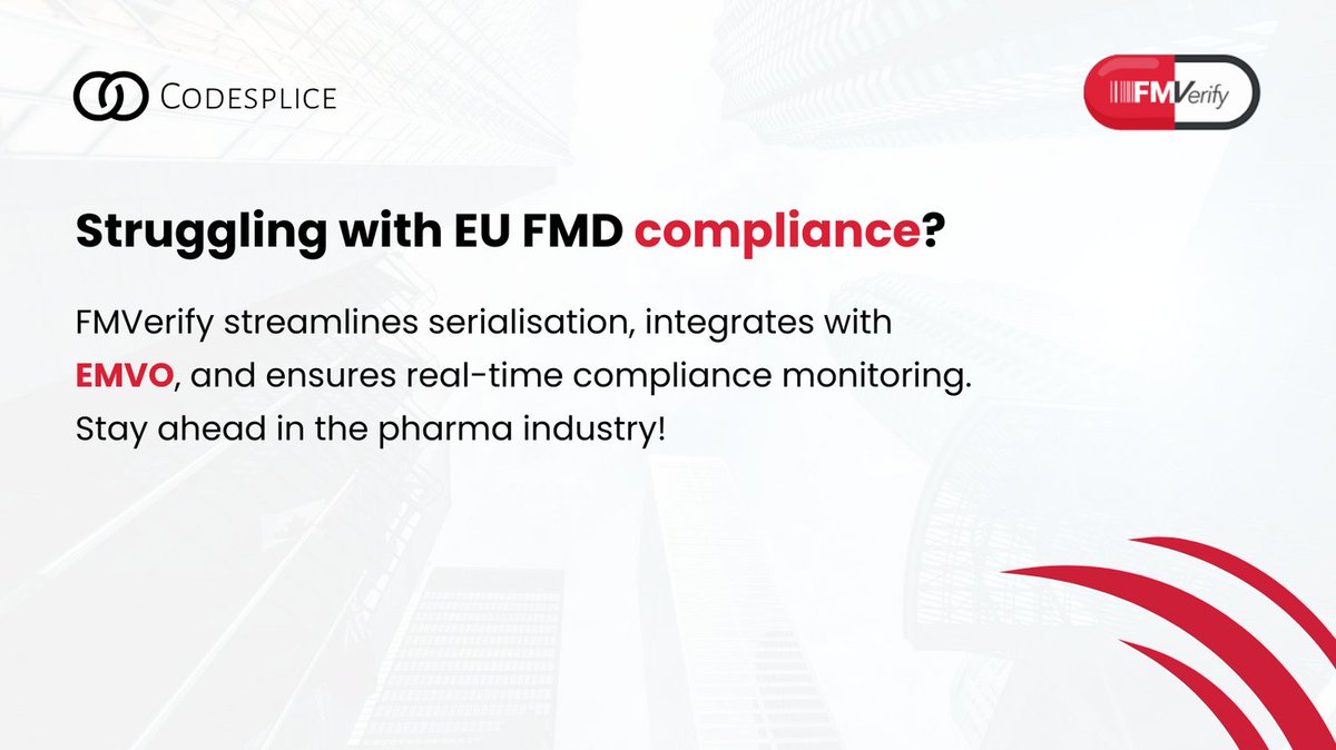 Codesplice Ltd (@codespliceltd) on Twitter photo Struggling with EU FMD compliance? FMVerify streamlines serialisation, integrates with EMVO, and ensures real-time compliance monitoring. Stay ahead in the pharma industry! π
codesplice.com/fmverify.html Struggling with EU FMD compliance? FMVerify streamlines serialisation, integrates with EMVO, and ensures real-time compliance monitoring. Stay ahead in the pharma industry! π
codesplice.com/fmverify.html