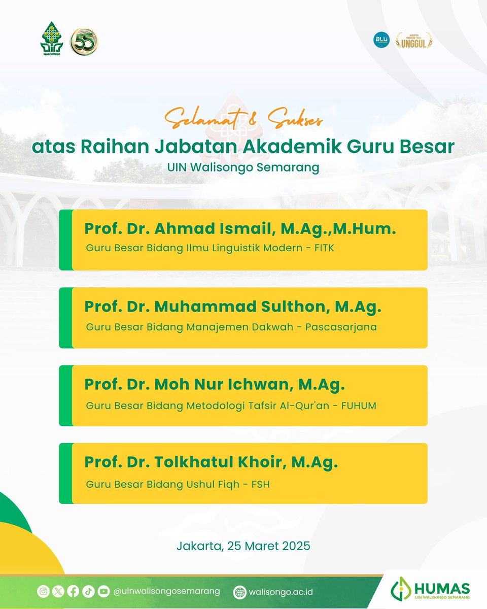 Keluarga besar UIN Walisongo mengucapkan Selamat dan Sukses kepada 4 Guru Besar baru UIN Walisongo Semarang.
Semoga semakin membawa UIN Walisongo maju dan menuju Universitas Riset untuk Kemanusiaan dan Peradaban dunia.

Selamat, Prof!

#uinwalisongosemarang