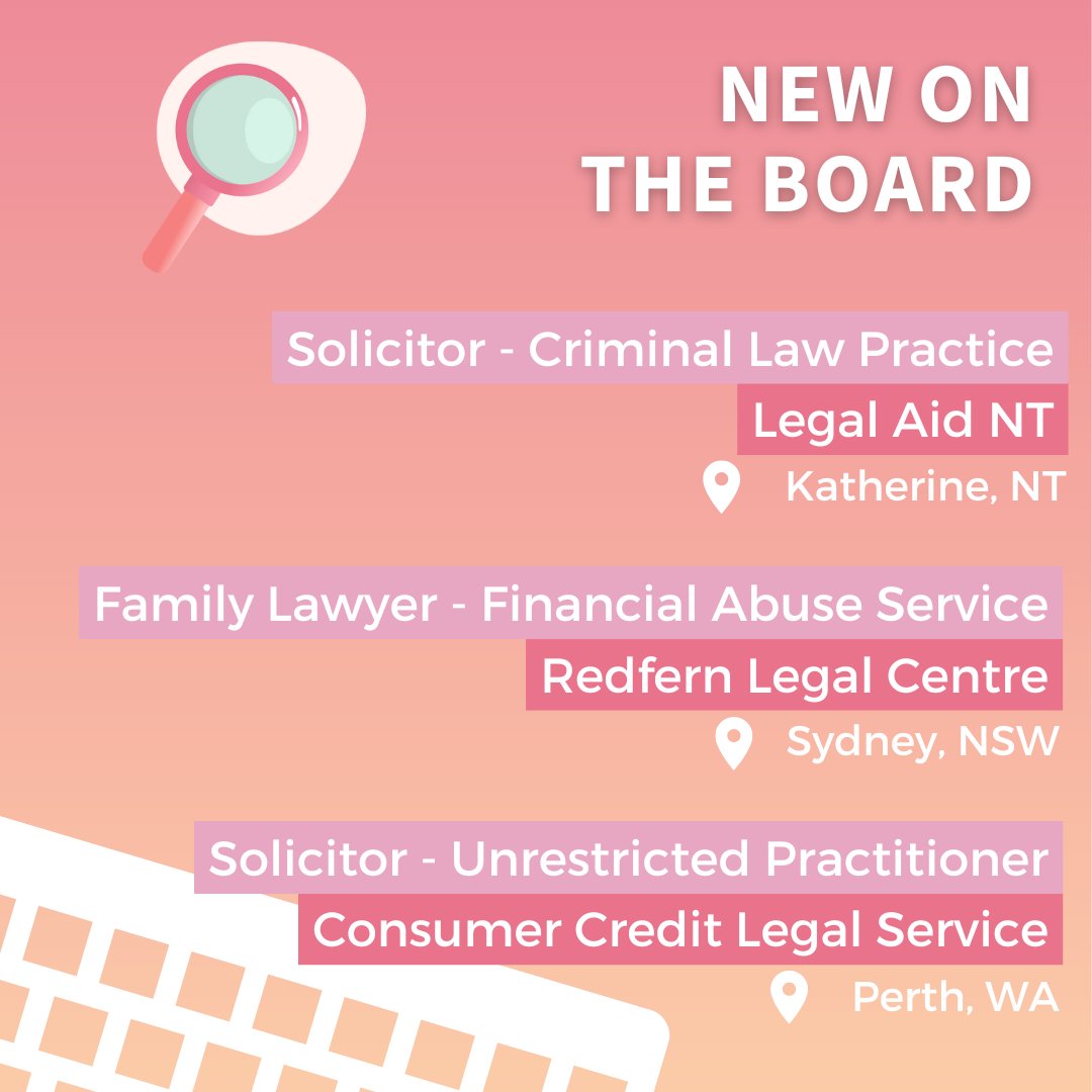 Check out some of the exciting new opportunities featured on our jobs board this week👇 

⚖️Legal Aid NT, Katherine, NT
👩‍⚖️<a href="/RLC__News/">Redfern Legal Centre</a>, Sydney, NSW
📑Consumer Credit Legal Service, Perth, WA

More: sjopps.net.au.  

#Jobs #legal #careeropportunity #SocialJustice
