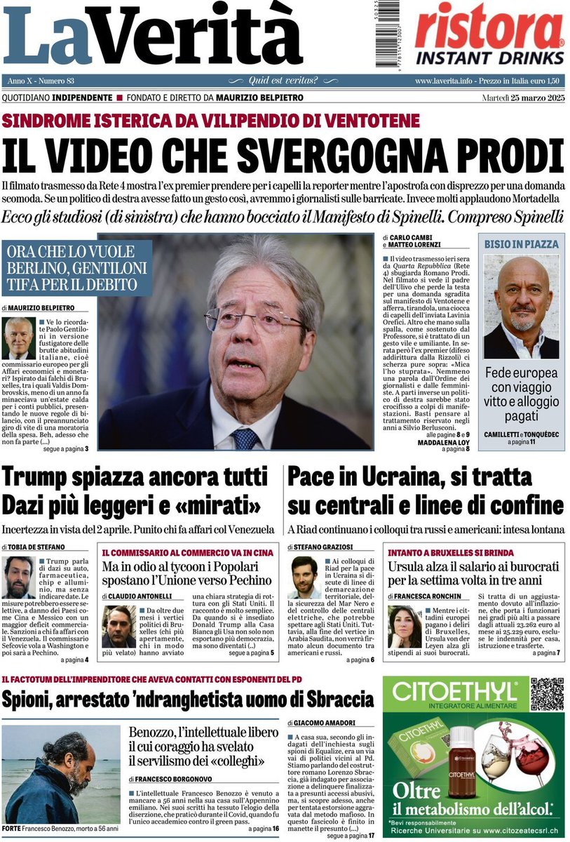 Virna25marzo's tweet photo. SINDROME ISTERICA DA VILIPENDIO DI VENTOTENE
IL VIDEO CHE SVERGOGNA PRODI
Il filmato trasmesso da Rete4 mostra l'ex premier prendere per i capelli la reporter mentre l'apostrofa con disprezzo per una domanda scomoda. Se un politico di destra avesse fatto un gesto così, avremmo i giornalisti sulle barricate. Invece molti applaudono Mortadella. @LaVeritaWeb