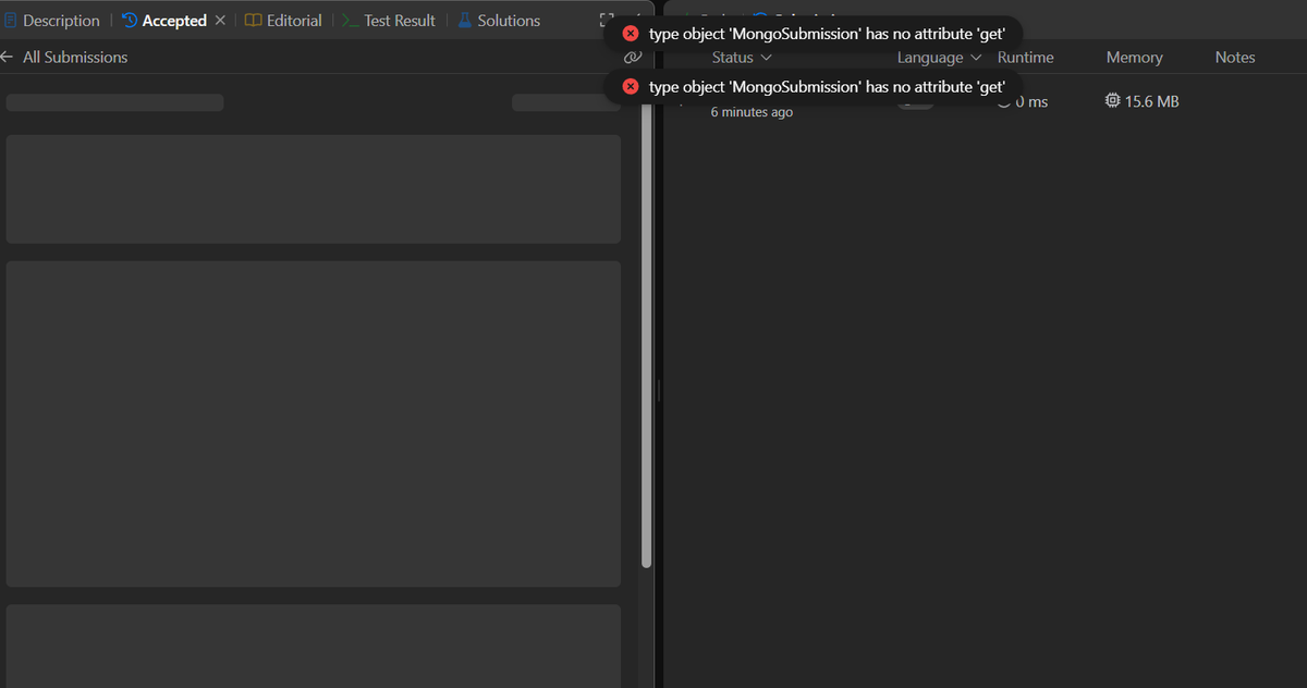 0sagarsingh01's tweet image. Facing error while submission on Leetcode.
Not able to see my previous submission too
#coding #LeetCode