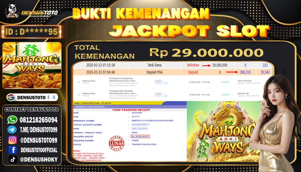 DensusToto's tweet photo. SELAMAT KEPADA MEMBER DENSUSTOTO YANG SUDAH JP

PROVIDER: PGSOFT
GAME: MAHJING WAYS
TOTAL WD: RP. 29.000.000
BANK: BCA

#buktijpdensustoto #densustoto #mahjongways #PGSOFTOFFICIAL https://t.co/6wZhwD6Fy9