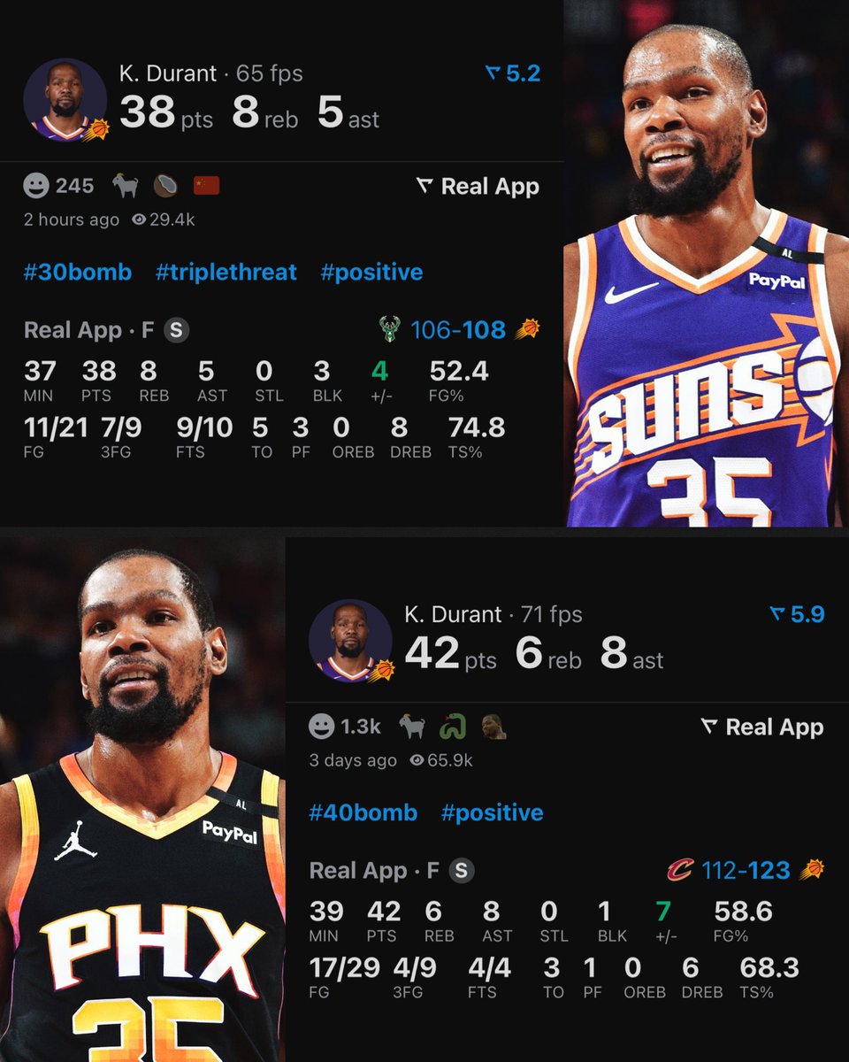 TheDunkCentral's tweet photo. Kevin Durant over his last 2 games: 

38 PTS - 8 REB - 5 AST
42 PTS - 6 REB - 8 AST 

(Via @realapp ) https://t.co/7hTkvgof3I