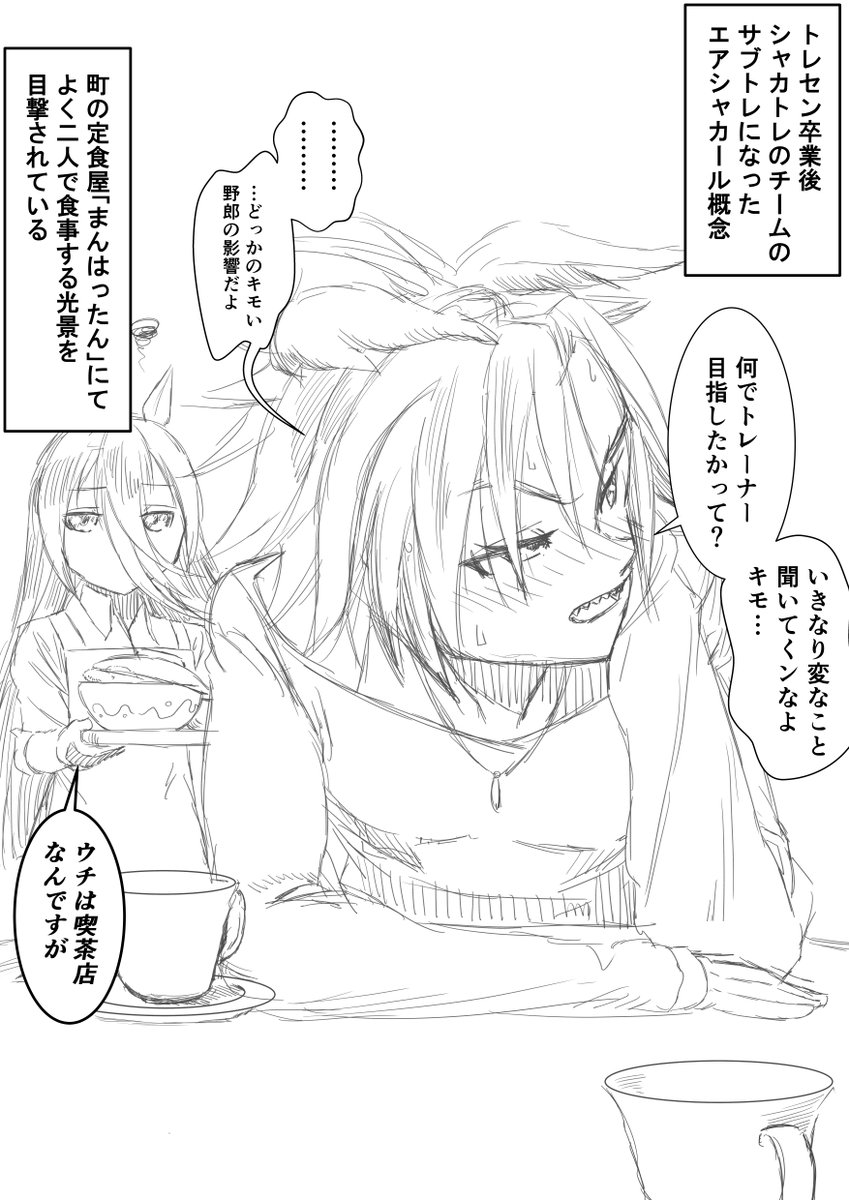 「卒業後シャカトレチームのサブトレになった
エアシャカール概念」ラフ2枚。
トレシャカ幻覚強めですが、どうぞ。

#ウマ娘 #エアシャカール #マンハッタンカフェ 
