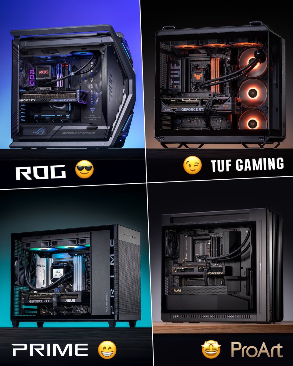ASUSAU's tweet photo. Four stunning PC builds! 😍​
​
Which one's your dream PC? 😎😉😁🤩Drop an emoji in the comments for your pick. ​
​
Want to win an Intel #Z890, #B860, AMD #X870, #B850 mobo? Or how bout a GeForce RTX™ 5080?🔥
All this &amp; more:  https://t.co/Wn05XkRSge
#AsusDreamBuild #Giveaway https://t.co/yjdTTw9YDy