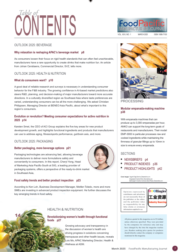 Here's your link to the latest issue of FoodPacific Manufacturing Journal.   Food safety, sustainability, and health and nutrition are themes in this month’s issue where you will find exclusive interviews and a compilation of trends and new products. 
edms.industrysourcing.com/ezine/25/03/fp…
