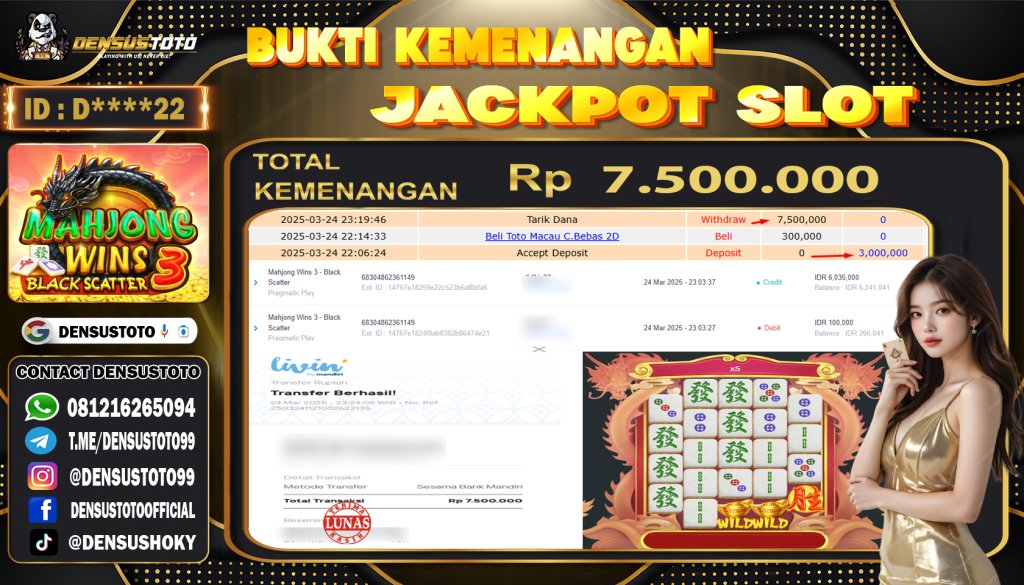 DensusToto's tweet photo. SELAMAT KEPADA MEMBER DENSUSTOTO YANG SUDAH JP

PROVIDER: PRAGMATIC PLAY
GAME: MAHJONG WINS 3 
TOTAL WD: RP. 7.500.000
BANK: MANDIRI

#buktijpdensustoto #densustoto #mahjongwins3 #pragmaticplay https://t.co/YeD7ZhpYIf
