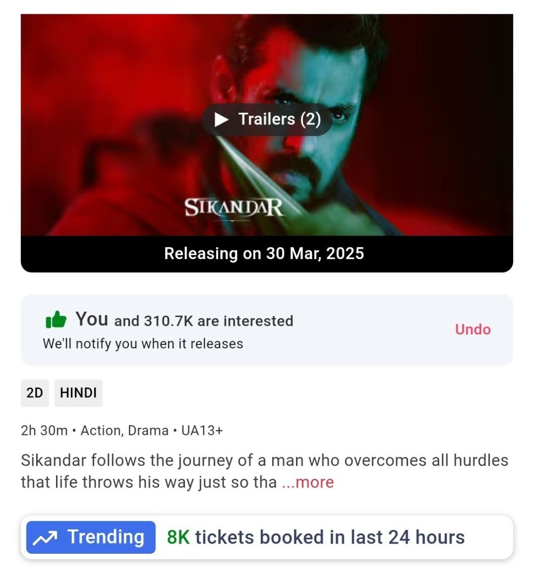 #Sikandar Limited Advance opened at Midnight today and 8K TICKETS have already been booked on BookMyShow!

Full Fledged Advance starts Today!
