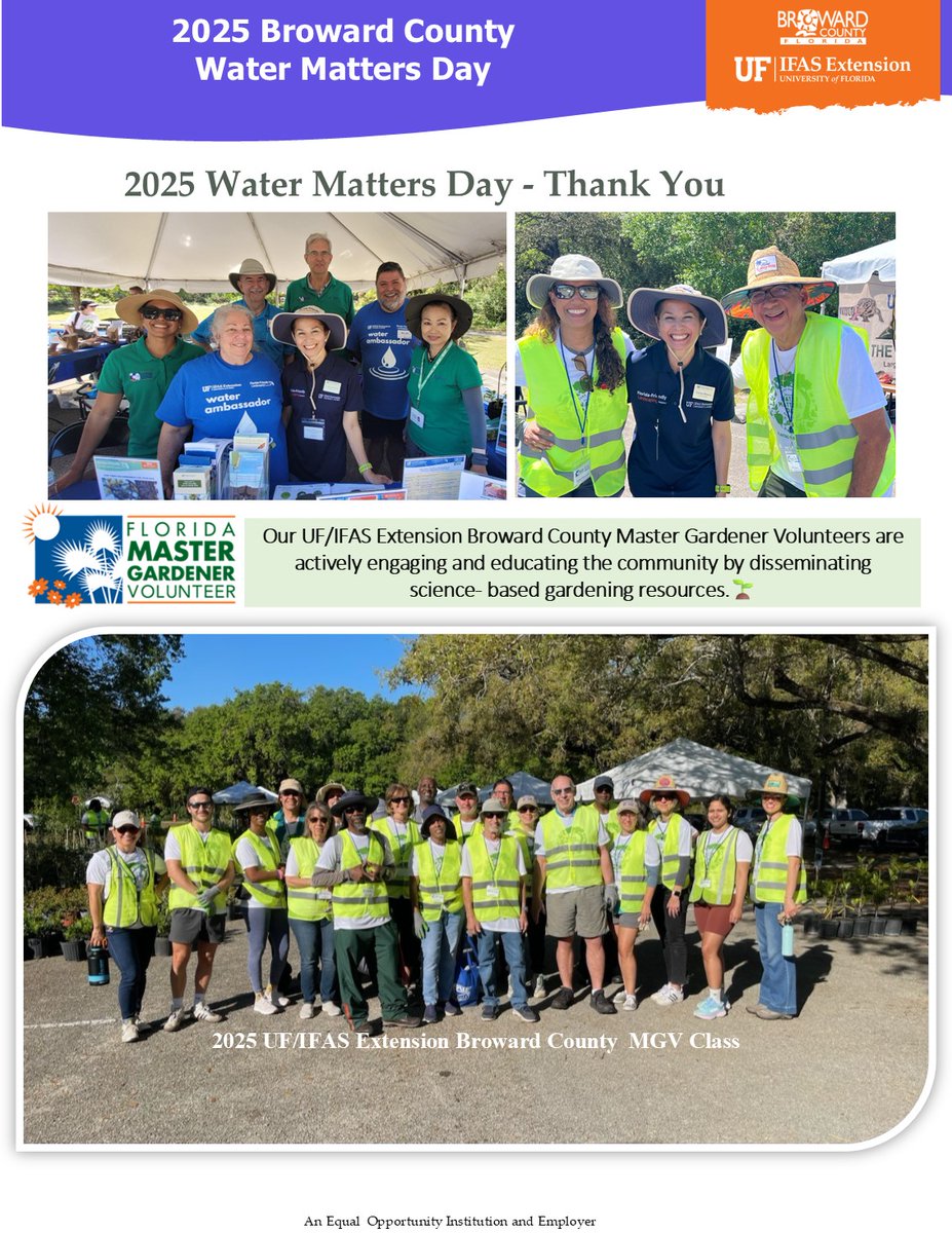 Happy #FloridaMasterGardenerVolunteerWeek! Special thanks to our amazing Broward County Master Gardener Volunteers for their incredible efforts during #WaterMattersDay 2025. Your dedication to horticultural education &amp; community service is truly appreciated! #MGVWeek #UFIFAS