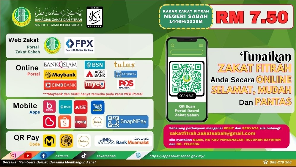 SgKalagis's tweet photo. Kadar Zakat Fitrah 1446H/2025M &amp; pilihan kaedah bayaran zakat di negeri Sabah.. https://t.co/sowCnmHqm7