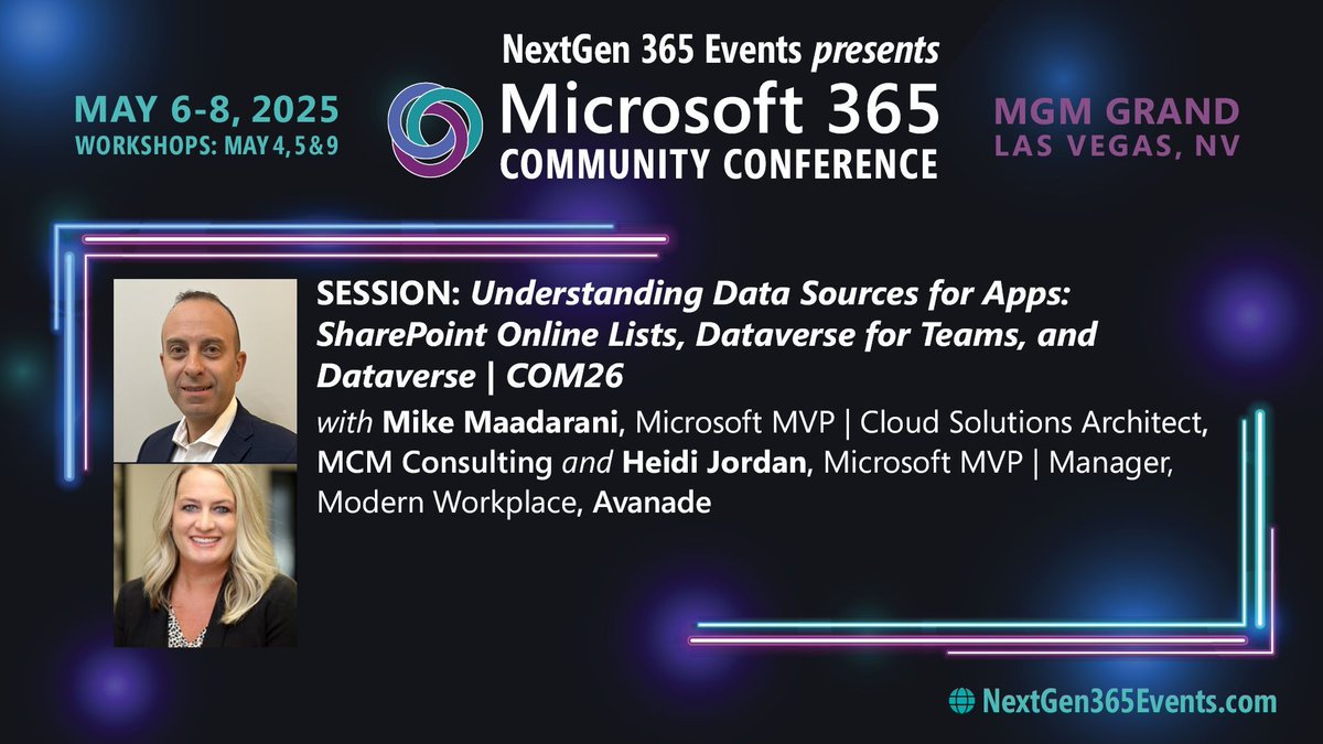 The Microsoft 365 Community Conference (@m365conf) on Twitter photo Join <a href="/heidi_jordan14/">Heidi Jordan</a> and Mike Maadarani on May 9th for a session on understanding data sources for apps. Learn how to leverage SharePoint Online Lists, Dataverse for Teams, and Dataverse to build scalable, efficient solutions.
Learn More: urlink.page.link/1Vwe Join <a href="/heidi_jordan14/">Heidi Jordan</a> and Mike Maadarani on May 9th for a session on understanding data sources for apps. Learn how to leverage SharePoint Online Lists, Dataverse for Teams, and Dataverse to build scalable, efficient solutions.
Learn More: urlink.page.link/1Vwe