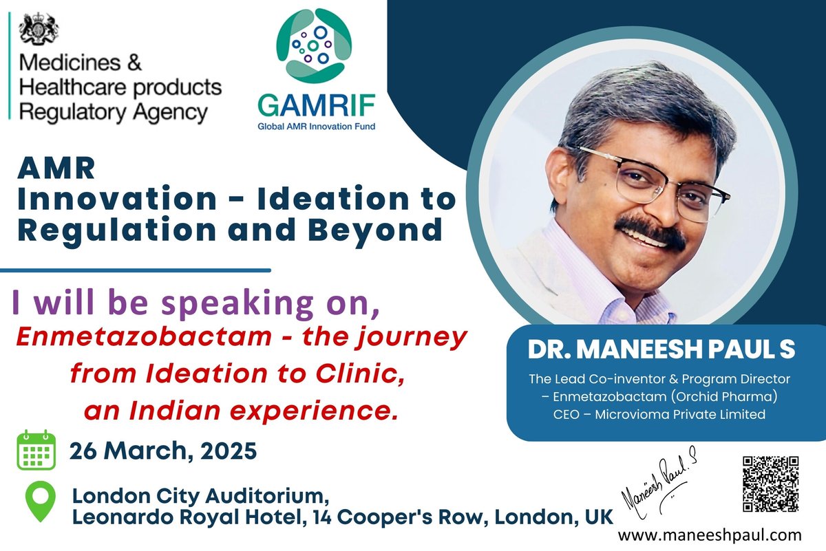 maneeshpaul's tweet photo. I am looking forward to speak at the UK MHRA - GAMRIF meeting on 26–27 March 2025 in London, UK., titled ‘AMR Innovation – Ideation to Regulation and Beyond’.

This timely and important gathering is being organized by the @MHRAgovuk (Medicines and Healthcare products Regulatory Agency and #GAMRIF (Global AMR Innovation Fund). Their effort in bringing together innovators, regulators, policymakers, and clinicians reflects the urgent need for a coordinated, cross-sectoral response to AMR which is one of the most pressing global health threats of our time.

I look forward to meaningful discussions that will shape the future of AMR innovation - from ideation, through regulation, and far beyond.

@microvioma @gardp_amr @WHO @Innovate_at_BBC  @IbiomTrust @swissnexindia @Precisi0nHealth @CCAMP_India @theechonetwork Molecular Solutions Care Health, @AmrInsights, Ministry of Health and Family Welfare, @GovernmentIndia @MyGovKarnataka, Dinesh Gundu Rao, Jayanta Haldar ABLE - Association of Biotechnology Led Enterprises Varsha Shridhar, PhD Sweta Raghavan #amrinnovation #enmetazobactam #antimicrobialresistance #drugdevelopment #microvioma #globalhealth #fromlabtoclinic #infectiousdiseases #amr2025 #londonmeeting #translationalscience #publichealth #onehealth