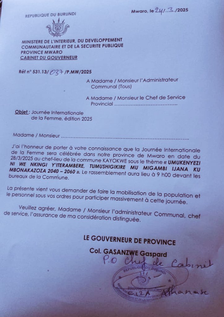 Province Mwaro (@mwaroprovince) on Twitter photo <a href="/MwaroProvince/">Province Mwaro</a>:La journée internationale de la femme édition 2025 sera célébrée le 28 Mars 2025 au chef-lieu de la <a href="/Com_Kayokwe/">Commune Kayokwe</a>.
<a href="/GenreMinistere/">Ministère en charge de la Solidarité Nationale</a>
<a href="/MininterInfosBi/">MininterInfosBi</a>
<a href="/NtareHouse/">Ntare Rushatsi House</a> <a href="/MwaroProvince/">Province Mwaro</a>:La journée internationale de la femme édition 2025 sera célébrée le 28 Mars 2025 au chef-lieu de la <a href="/Com_Kayokwe/">Commune Kayokwe</a>.
<a href="/GenreMinistere/">Ministère en charge de la Solidarité Nationale</a>
<a href="/MininterInfosBi/">MininterInfosBi</a>
<a href="/NtareHouse/">Ntare Rushatsi House</a>