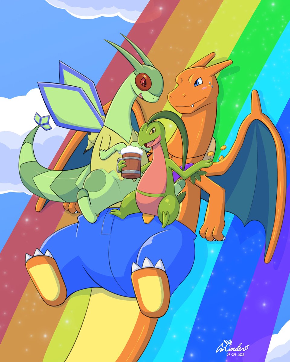 Cinder_Char's tweet image. Happy late St. Patrick’s Day. Both @VioletSnows720 and @TheStonedFlamey ride down the rainbow on Cinder’s belly 🌈🍀
