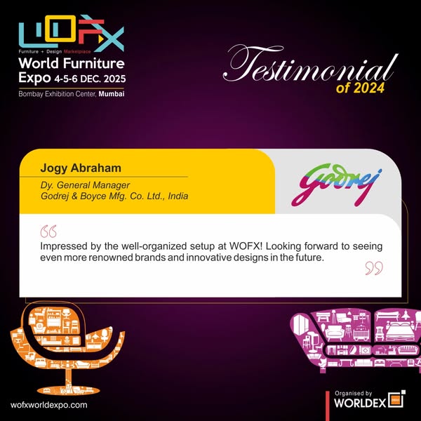 WORLDFURNITURE4's tweet photo. Visitor Testimonial of Mr. Jogy Abraham from Godrej, about his experience at WOFX - World Furniture Expo 2024!

Save the dates for WOFX 2025!

🗓️ 4-5-6 December 2025
⏰10:00 am to 6:00 pm
📍 Bombay Exhibition Centre, WEH, Goregaon (E)

#WOFX #wofx2024 https://t.co/lg8ugGBssC