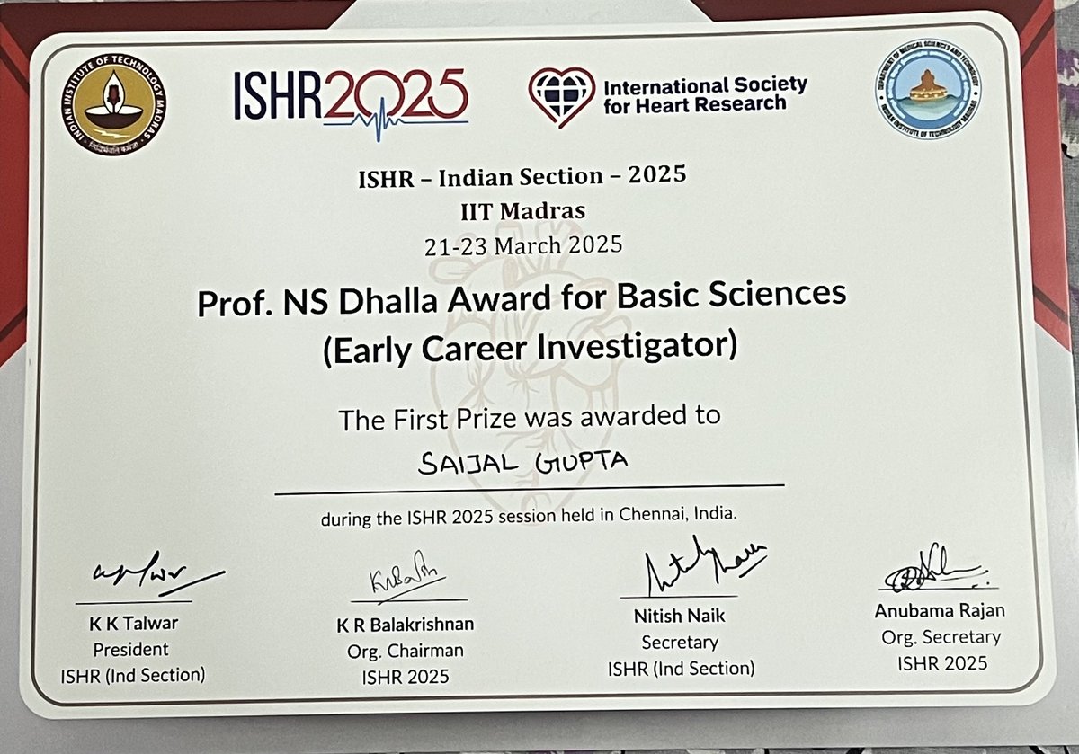 sadhan das (@sadhan24) on Twitter photo I am delighted to share my mentee <a href="/saijalgupta113/">Saijal Gupta</a> bagged the best oral presentation award (Prof. NS Dhalla Award for Basic Sciences, Early Career Investigator) at ISHR-India Section-2025, IIT Madras <a href="/DBS_IISERM/">Dept. of Biological Sciences (DBS), IISER Mohali</a> <a href="/IiserMohali/">IISER Mohali</a> I am delighted to share my mentee <a href="/saijalgupta113/">Saijal Gupta</a> bagged the best oral presentation award (Prof. NS Dhalla Award for Basic Sciences, Early Career Investigator) at ISHR-India Section-2025, IIT Madras <a href="/DBS_IISERM/">Dept. of Biological Sciences (DBS), IISER Mohali</a> <a href="/IiserMohali/">IISER Mohali</a>