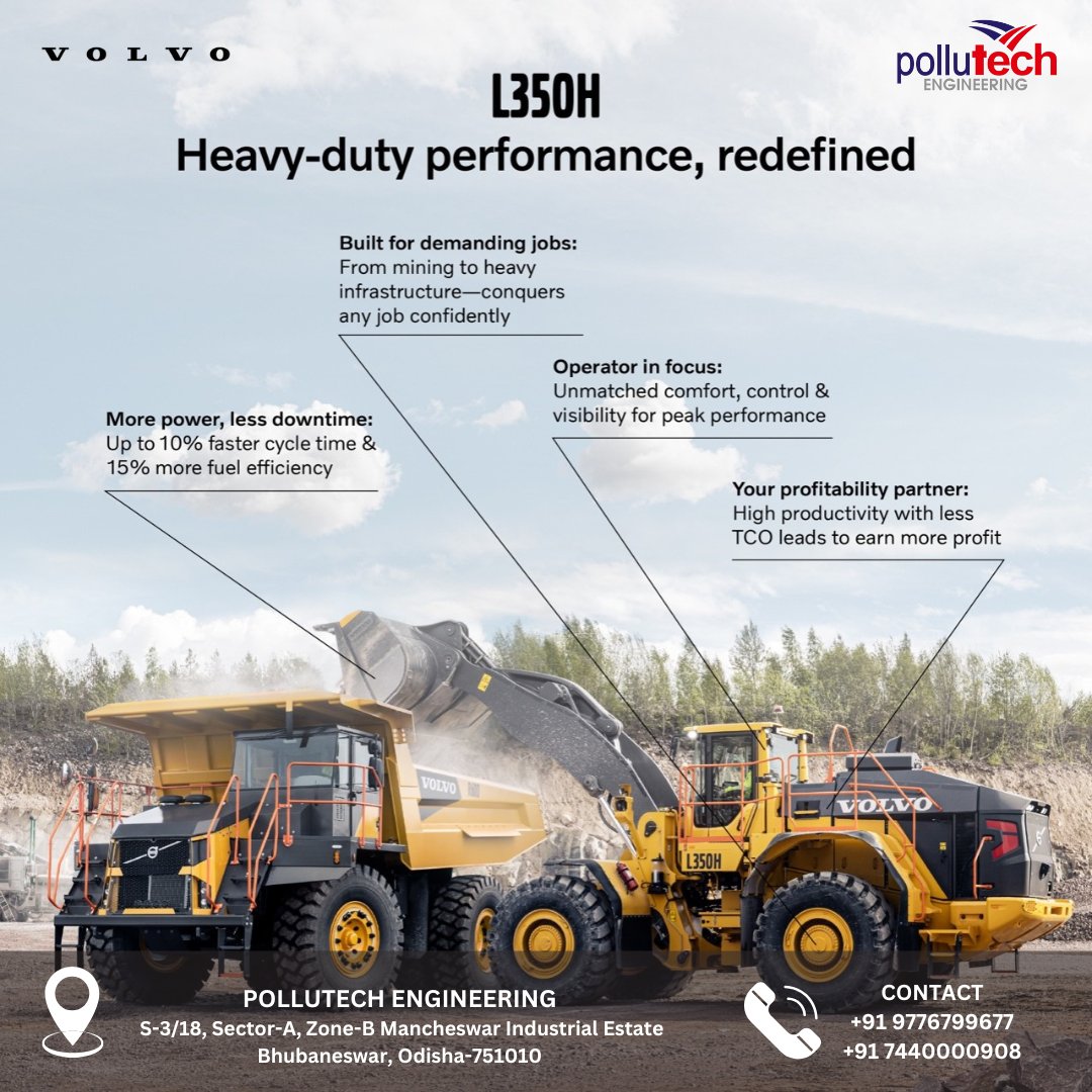 PollutechE's tweet photo. More power. More productivity. More profit. The Volvo L350H takes performance to the next level.
For more details please contact: +91 9776799677
#VolvoL350H #HeavyMachinery #PowerPerformance #ConstructionEquipment #BuiltForProductivity #VolvoCE #MorePower #MoreProfit https://t.co/xTJTpUGS7f