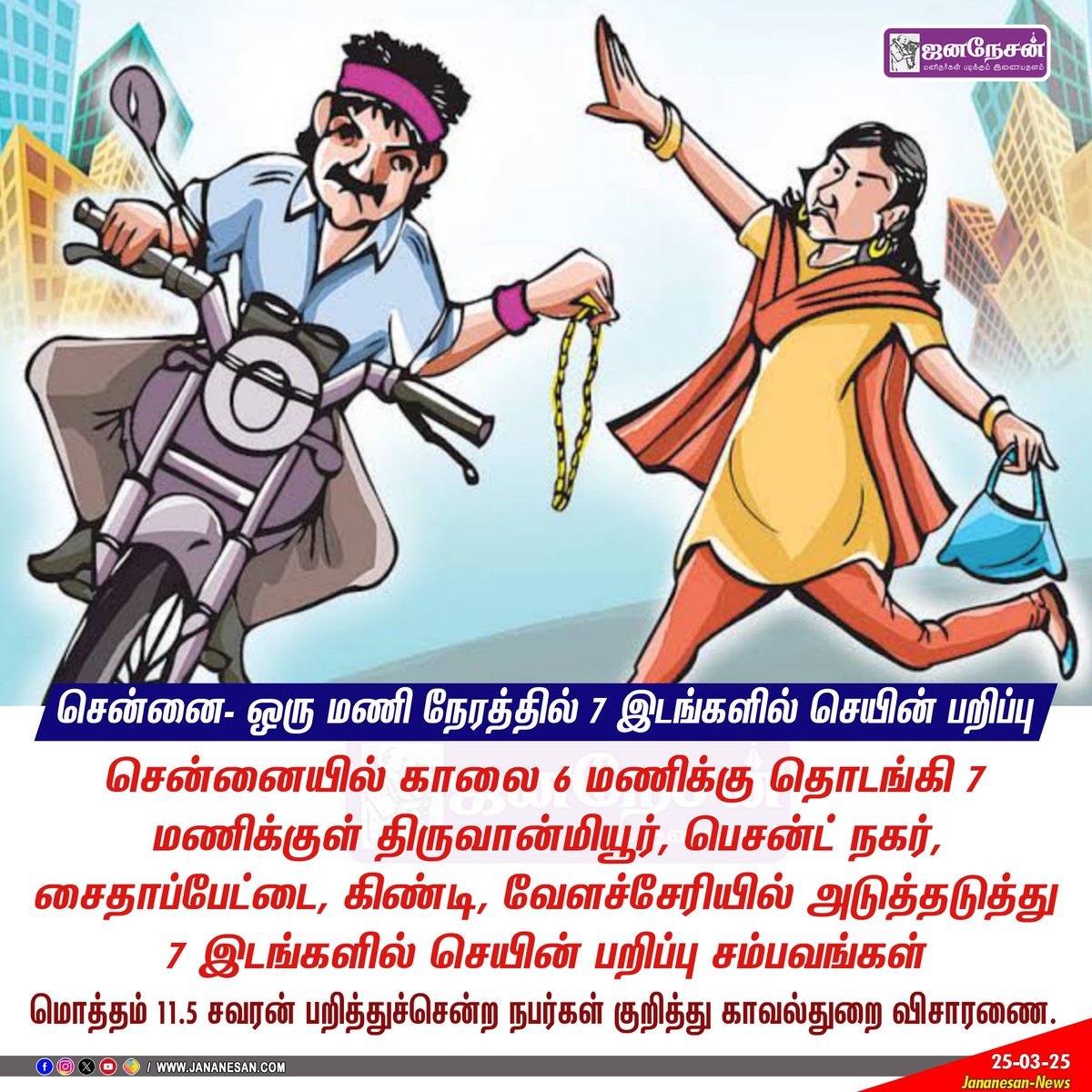 JananesaN_NewS's tweet image. #JUSTIN || சென்னை- ஒரு மணி நேரத்தில் 7 இடங்களில் செயின் பறிப்பு | #Chennai | #ChainSnatch | #Police