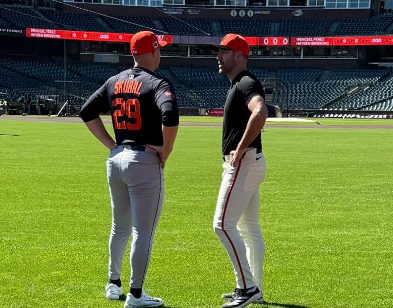 Tarik Skubal and Justin Verlander having a conversation at Oracle Park. 2  of the Greatest Tigers Pitchers in the last 20 years.