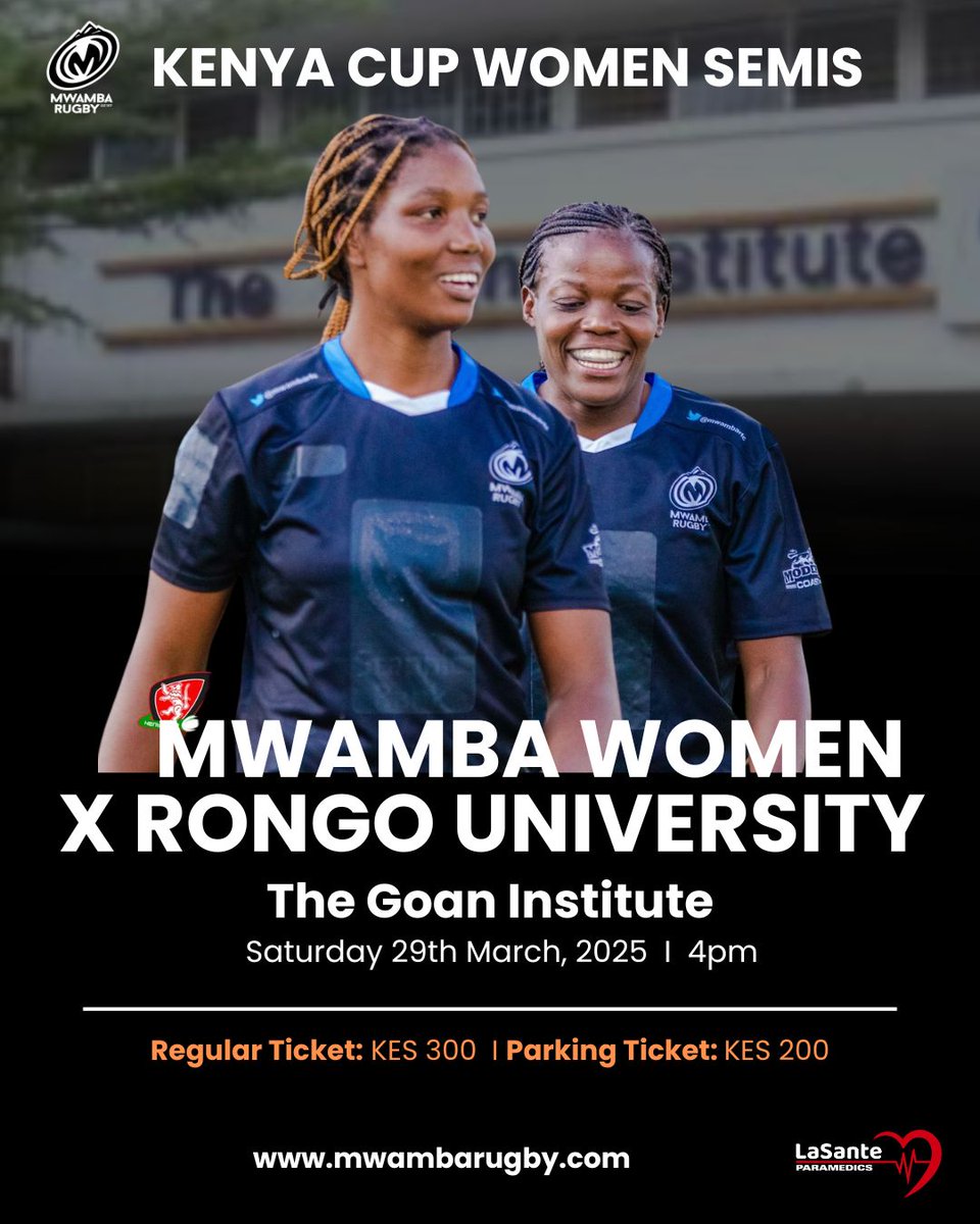 Mwamba Women are set to battle Rongo University in the  Kenya Cup semifinal this weekend! 🔥 But that’s not all—this will be our first-ever match at our new home, Goan Institute, Pangani!  🏟️  

New ground, same fierce spirit. Let’s make it a fortress! 💪🏾⚫🔵