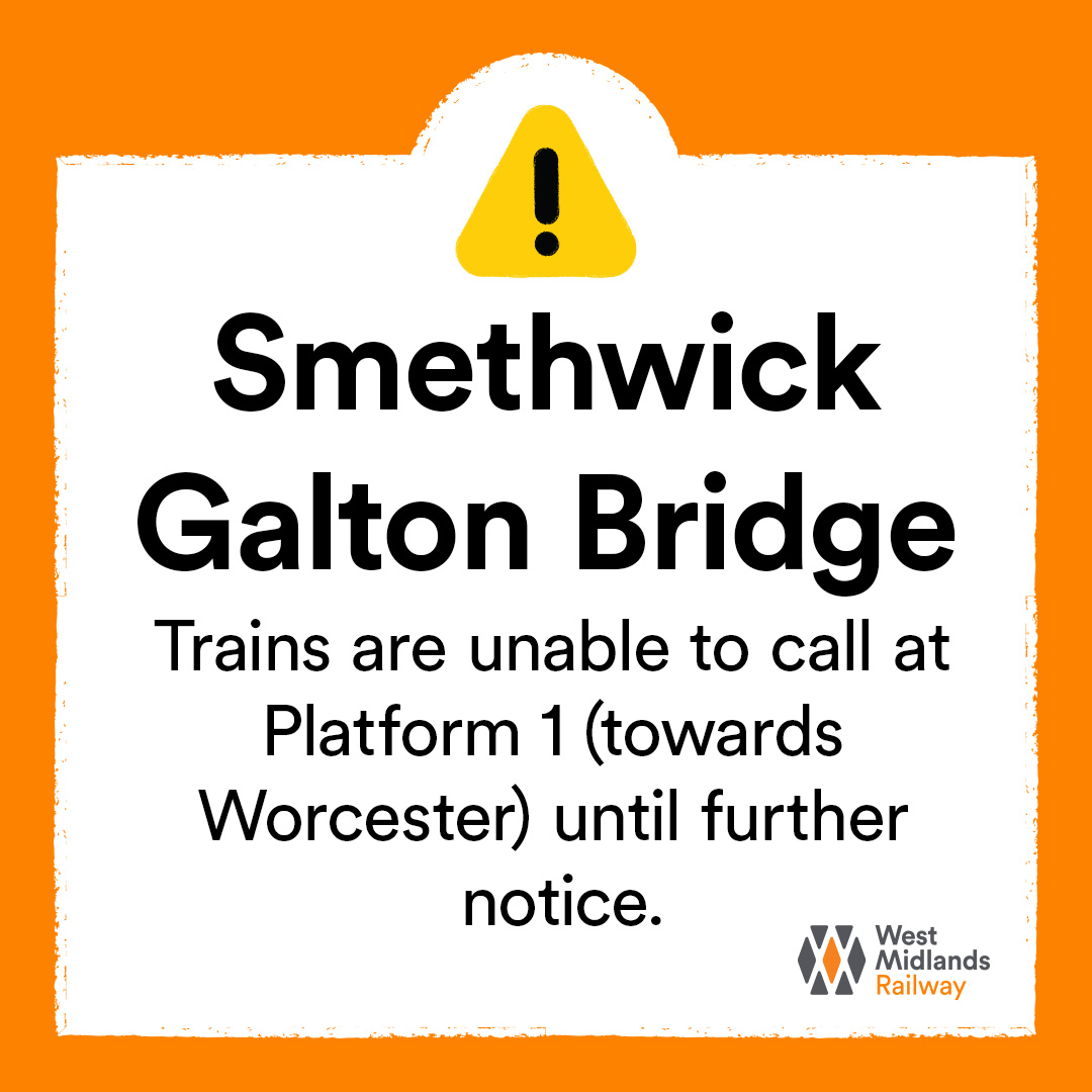 WestMidRailway's tweet image. 📢 #WMRNEW - Emergency services dealing with an incident at Smethwick Galton Bridge (High Level)

🔴 Trains are unable to call at Platform 1 (towards Worcester) until further notice

⚠️ If travelling to Smethwick, you may need to travel to Langley Green and back on yourself