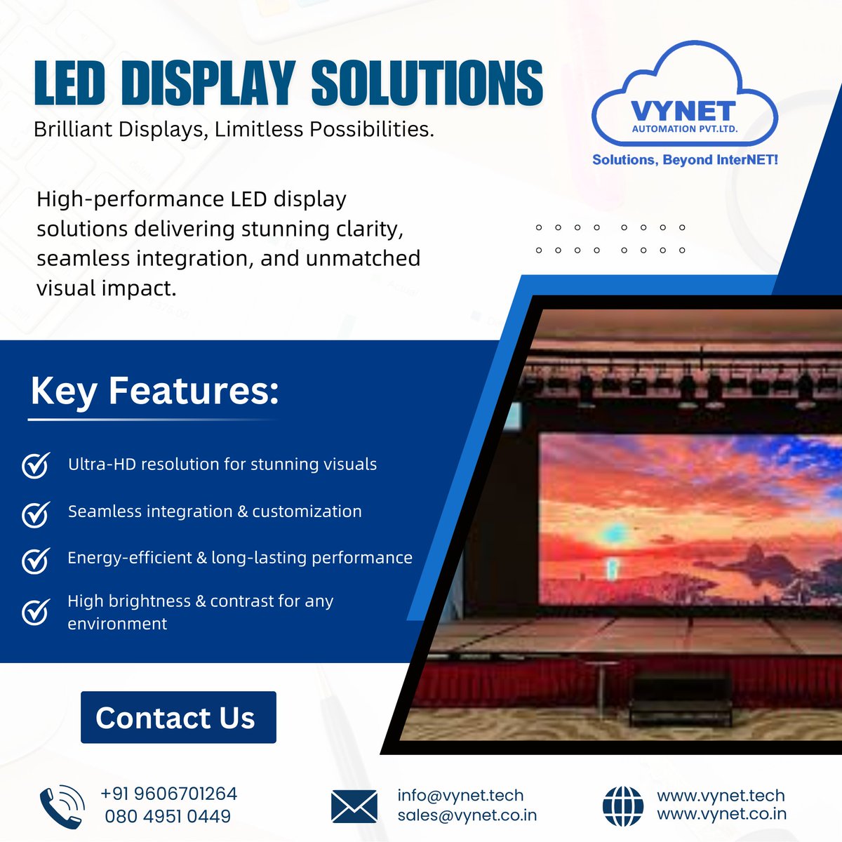 VYNETautomation's tweet image. Premium LED Display Solutions for Stunning Visuals!

contact us:
📞 +91 9606701264
📨 sales@vynet.co.in
🌐 vynet.co.in

#LEDDisplay #VisualExcellence #DigitalSignage #ScreenSolutions #DisplayTechnology #InnovativeDisplays #HighResolution #SmartDisplays