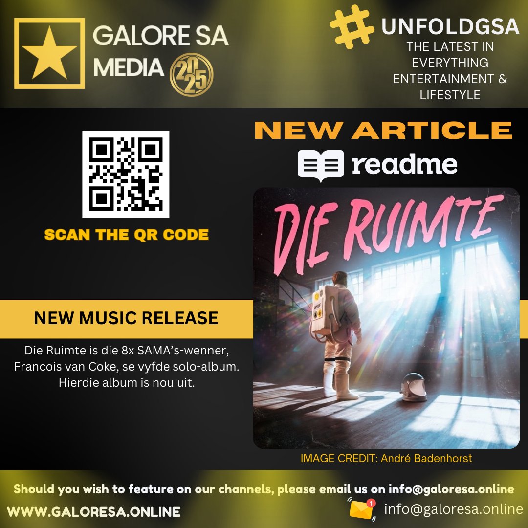 Die Ruimte is die 8x SAMA’s-wenner, Francois van Coke, se vyfde solo-album. Hierdie album is nou uit.

Ontvou Hier:
galoresa.online/p84v

Of gaan na galoresa.online

#UnfoldGSA
#GaloreSAMusic