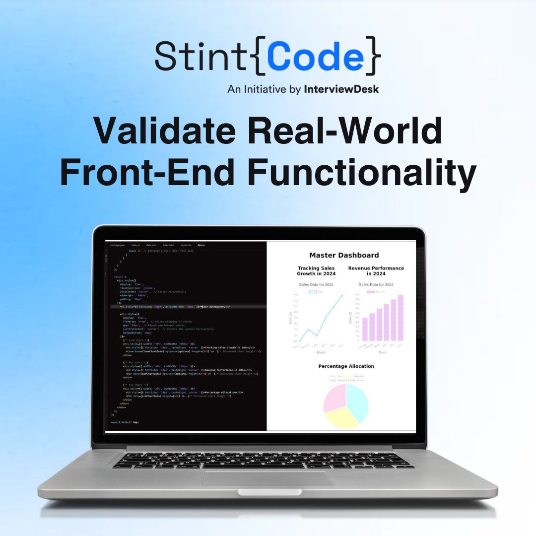 StintCode's tweet image. ⚡Real-Time Coding &amp;amp; Preview: Test UI, the way it works IRL

No sandbox. No surprises. Just real-world coding

The impact
Code in a familiar setup, no learning curve
See skills &amp;amp; approach live
Hire problem-solvers who deliver results

#FrontEndTesting #LiveCoding #TechRecruitment