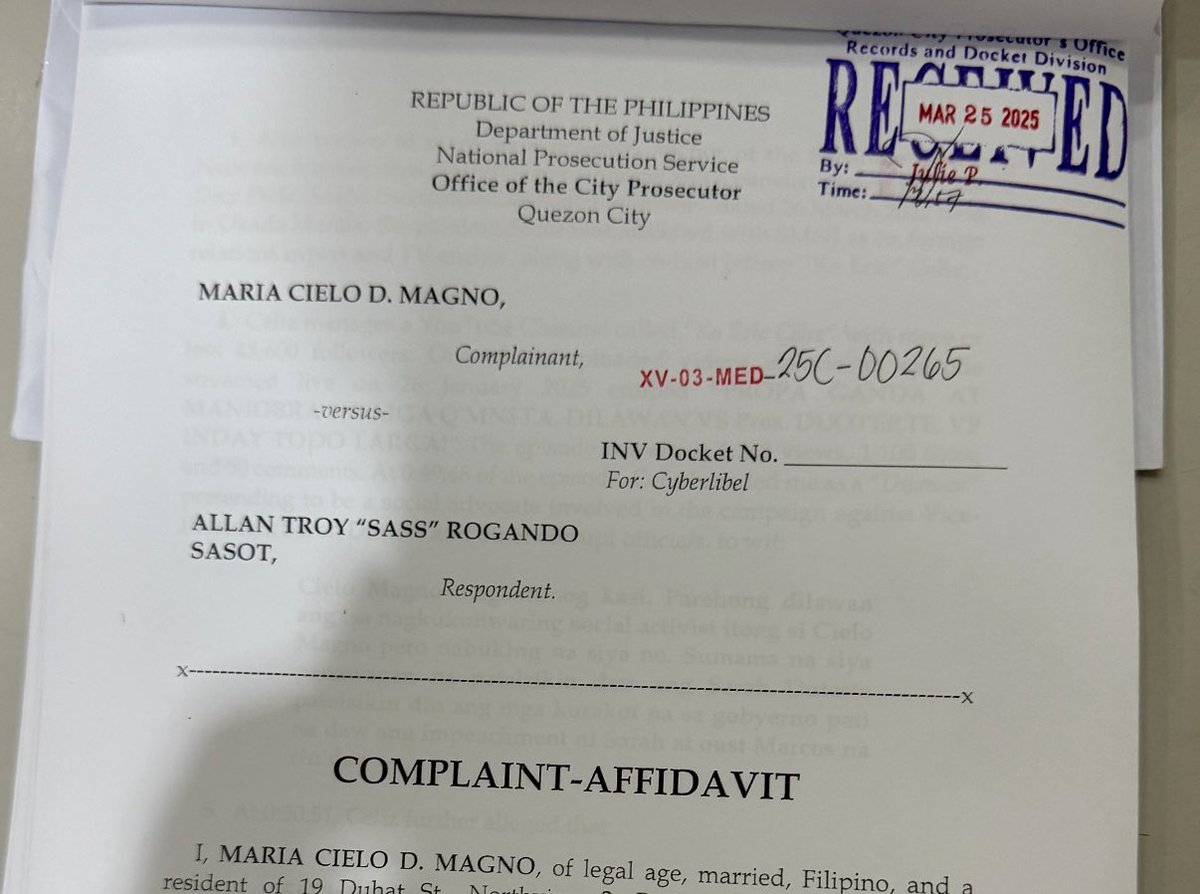 profcielomagno's tweet image. Today, I filed a criminal complaint against Sass Sasot for the crime of cyberlibel. Like many others, I have been the subject of malicious imputations and wrongs by Ms. Sasot.

 It’s time to push back and to use all the legal remedies that are available to us to put an end to…