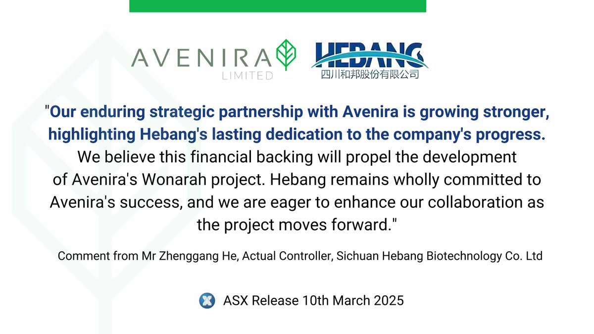 Mr Zhenggang He, Actual Controller of Sichuan Hebang Biotechnology Co. Ltd, shares insights on their continued significant investment into <a href="/Aveniralimited/">Avenira Limited</a>.

📑 Read our recent <a href="/ASX/">ASX 🏛 The heart of Australia's financial markets</a> Announcement: ow.ly/WZAM50VevaX

$AEV #Hebang #StrategicInvestment