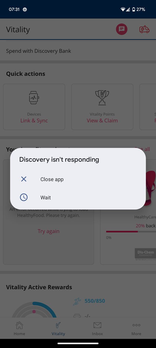 theFran42's tweet photo. @Discovery_SA #Discovery please fix your app. Both the Banking and Discovery App. I think I just lost about 1000 points retrying a voucher redeem and no voucher. https://t.co/WLdWNOSmwV