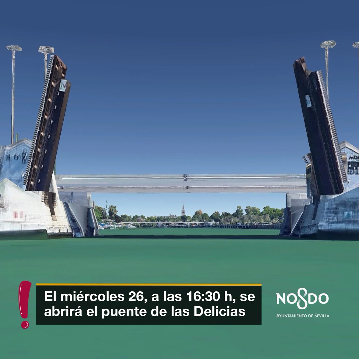 ⚠️ El miércoles 26, a las 16:30 h, se abrirá el puente de las Delicias.

Si tienes previsto pasar por la zona 🌉🚙, presta atención a la señalización y a las indicaciones de los agentes 👮🏼‍♀️ de la Policía.

Disculpa las molestias.