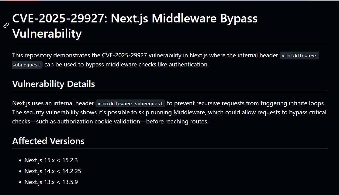 CVE-2025-29927: Next.js Middleware Bypass Vulnerability

github.com/aydinnyunus/CV…