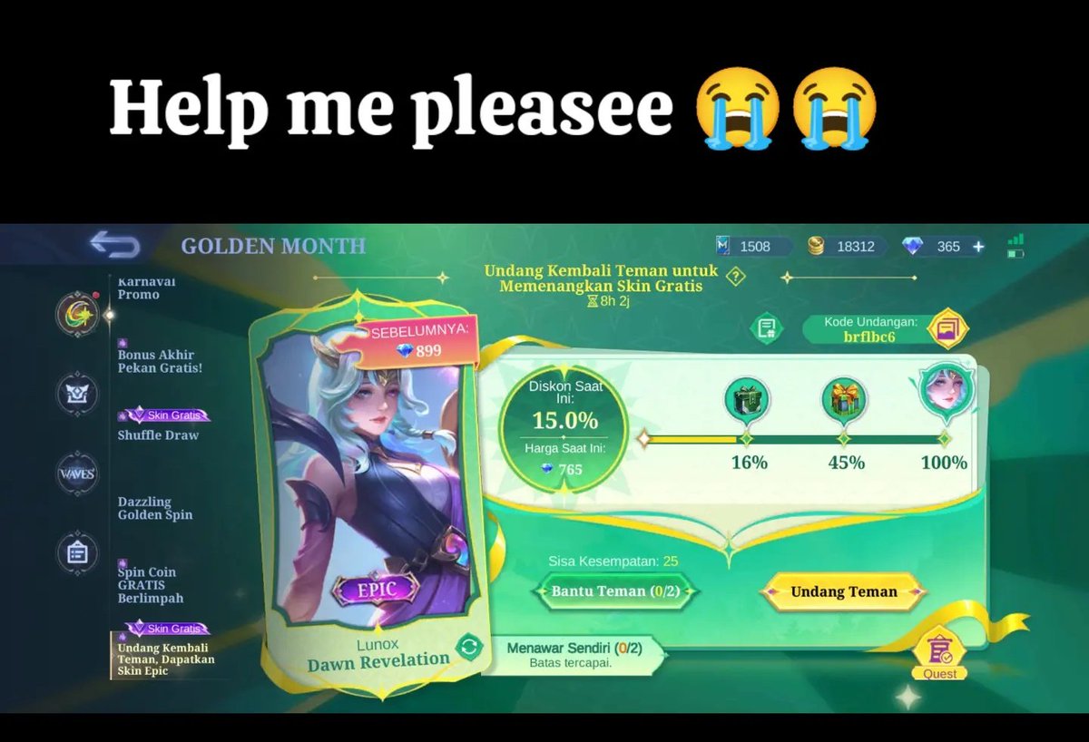 evaluafsi's tweet image. Pls help me get this skin 😭😭

Code : brflbc6

#zonauang #MLBB #lunoxepic