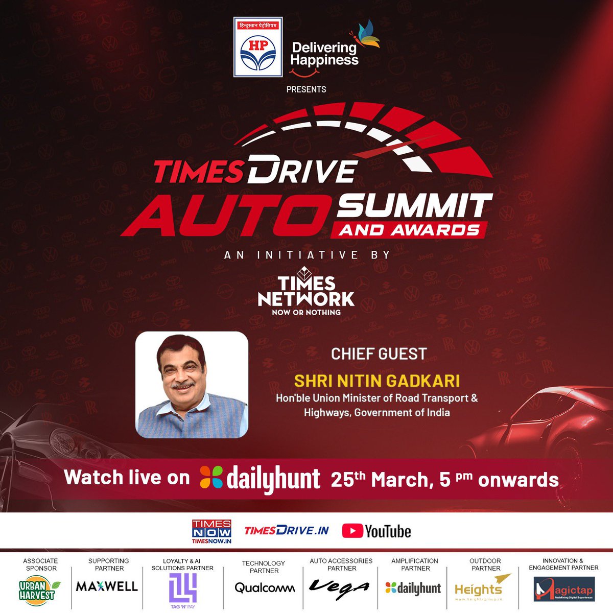 Dailyhunt (@dailyhuntapp) on Twitter photo The Times Drive Auto Summit and Awards is happening LIVE on Dailyhunt on 25th March at 5 PM, with Union Minister Nitin Gadkari as the Chief Guest. Don't miss this electrifying event celebrating innovation in the automotive world! 
bz.dhunt.in/ZxMwI The Times Drive Auto Summit and Awards is happening LIVE on Dailyhunt on 25th March at 5 PM, with Union Minister Nitin Gadkari as the Chief Guest. Don't miss this electrifying event celebrating innovation in the automotive world! 
bz.dhunt.in/ZxMwI