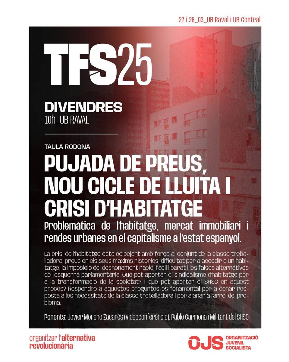 Pablo Carmona (@pblcarmona) on Twitter photo Este viernes nos vemos para seguir pensando el problema de la vivienda, la subida de precios y la crisis capitalista en las jornadas organizadas por <a href="/OJS_CAT/">Organització Juvenil Socialista de Catalunya</a> En la mesa junto a <a href="/HarveyMurenow/">Javier Moreno Zacarés</a> Este viernes nos vemos para seguir pensando el problema de la vivienda, la subida de precios y la crisis capitalista en las jornadas organizadas por <a href="/OJS_CAT/">Organització Juvenil Socialista de Catalunya</a> En la mesa junto a <a href="/HarveyMurenow/">Javier Moreno Zacarés</a>