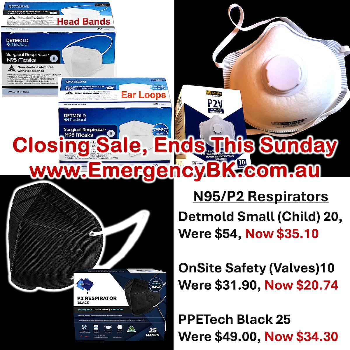 EmergencyBK's tweet photo. Limited Stock, Big savings, store closes this Sunday, get in quick… 🏃🏽♀️ https://t.co/F4SC0Ov4IS
#N95 #P2Masks #Respirators #MaskUp #Australia https://t.co/RQAHezxAju