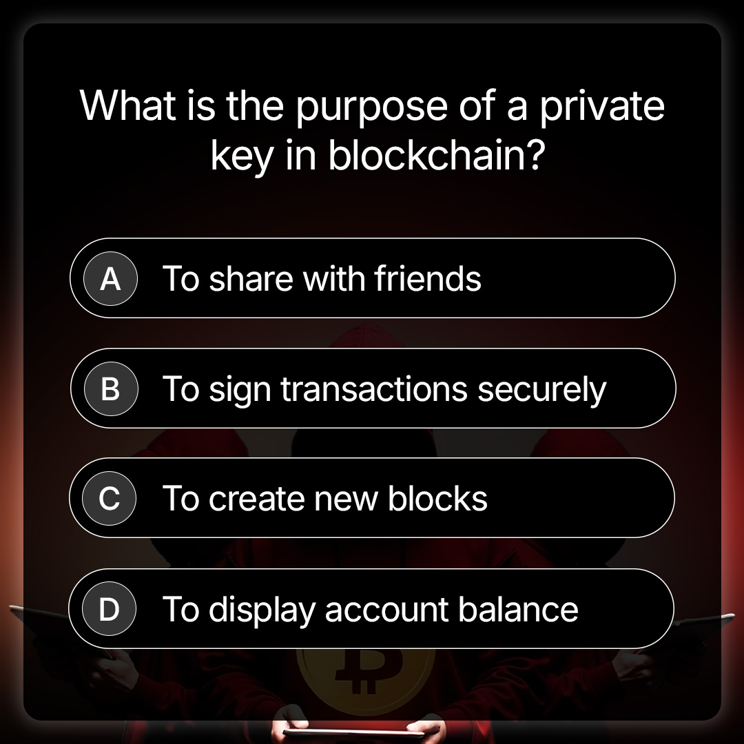 bizbit_quizshow's tweet image. 🔐 BizBit Security Quiz Time! 🔐

What is the purpose of a private key in blockchain? 🤔💡
Drop your answers in the comments! 👇

#BizBit #BlockchainQuiz #CryptoSecurity #Web3Learning #PrivateKey #CryptoBasics #SecureCrypto #LearnAndEarn #CryptoFun