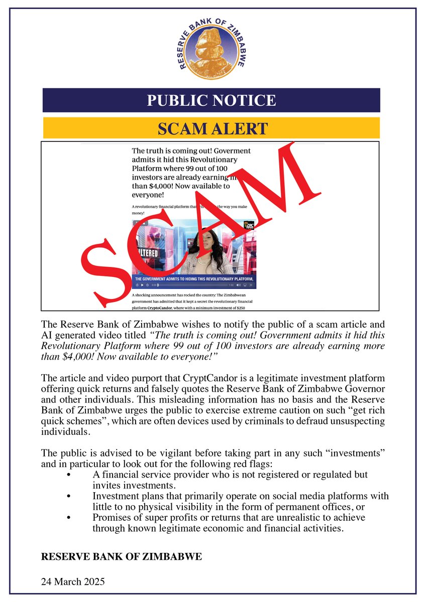 Public Notice - Scam Alert

<a href="/HeraldZimbabwe/">The Herald Zimbabwe</a> <a href="/ZBCNewsonline/">ZBC News Online</a> <a href="/Zimindependent/">Zimbabwe Independent</a> <a href="/FingazLive/">The Financial Gazette</a> <a href="/DailyNewsZim/">DailyNewsZim</a> <a href="/ZTNPrime/">ZTN</a> <a href="/SundayMailZim/">The Sunday Mail (Zimbabwe)</a> <a href="/melodymbira/">Melody Harry</a> <a href="/FinxZim/">Financial Express</a>
