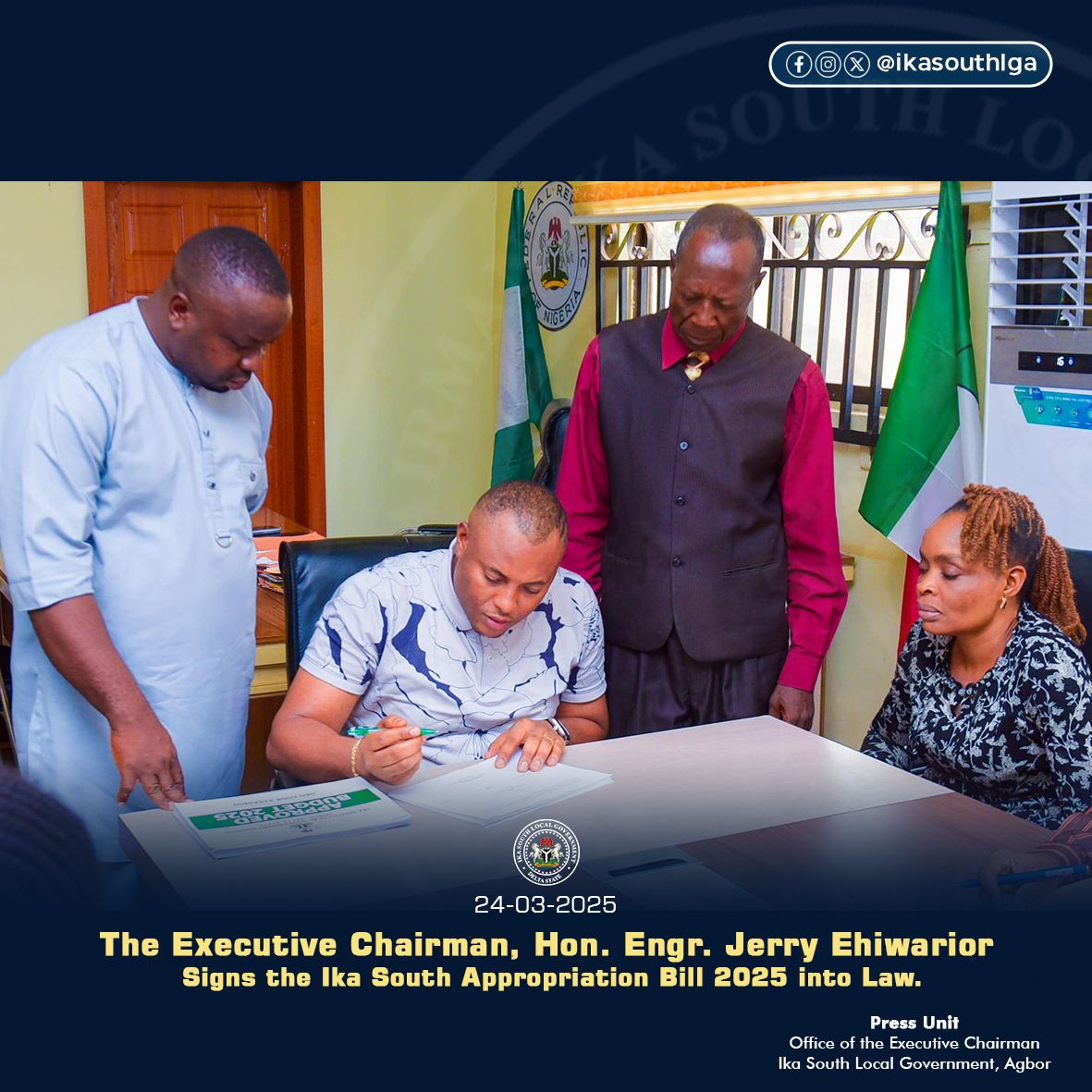 samuelovie3's tweet photo. Dear Hon. Engr. Jerry Ehiwarior,

I want to extend my sincerest appreciation for your tireless efforts in signing the 2025 'Budget of Reality' into law. Your dedication to fostering economic growth, improving infrastructure, and enhancing services is truly commendable. https://t.co/GgBlqAygBN
