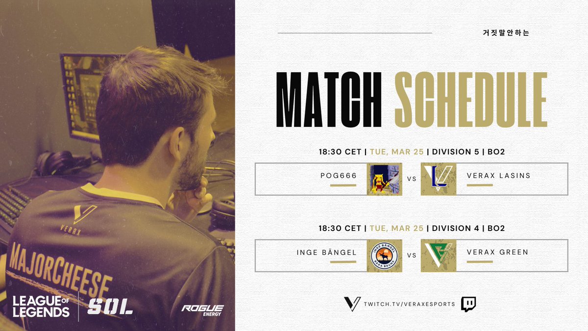 ‼️OFFICIAL MATCHDAY‼️

Tonight, we'll be streaming Verax Green to see what fate holds for them in div. 4. Lasins are through to playoffs, so we'll catch them live next time. 🙌

⏰| 18:30 CET
🎙️| <a href="/G0bice/">Gobice</a> &amp; <a href="/PappaPatryk/">PappaPatryk</a> 
⚔️| Verax Green vs <a href="/Ingebangel/">Inge Bängel</a> 

#SOLS10 #SOL25 #VRXWIN