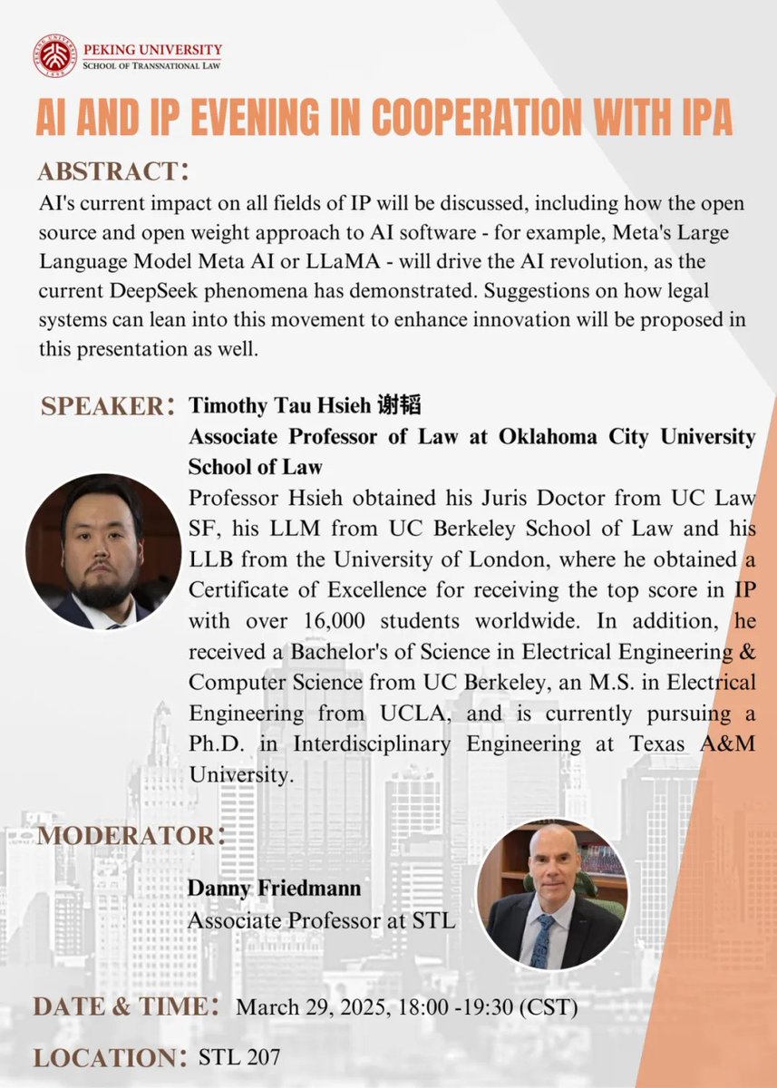 PKU1898's tweet image. After the #DeepSeek Phenomena, how will open-source &amp;amp; open-weight #AI shape the next tech revolution? And how could the #LegalSystem be a part of this to enhance innovation?

Assoc. Prof. Timothy Tau Hsieh from Oklahoma City University will delve deep into these topics during a…