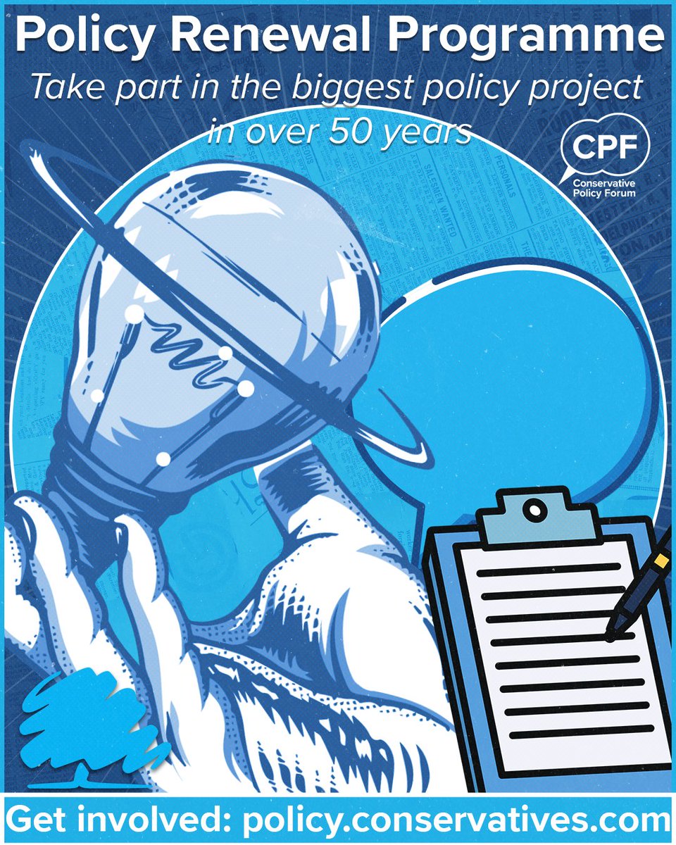 In case you missed it last week the Policy Renewal Programme was launched, a fantastic opportunity to get involved in the biggest policy project in over 50 years 💡🩵

Help shape party policy: 
policy.conservatives.com
.
.
.
<a href="/JohnPenroseNews/">John Penrose</a> <a href="/FrancesLasok/">Frances Lasok</a> <a href="/FleurButler1/">Fleur</a>