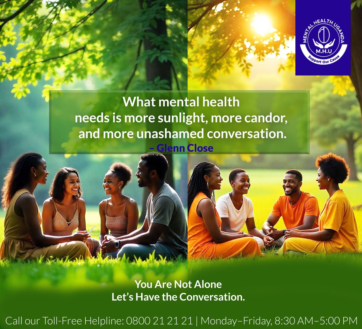 "What mental health needs is more sunlight, more candor, and more unashamed conversation." – Glenn Close ☀️💬

Let’s have the conversation. Your mental health matters, and support is just a call away. 📞💙

📌 Call our toll-free line: 0800 21 21 21 (Monday–Friday, 8:30 AM – 5:00