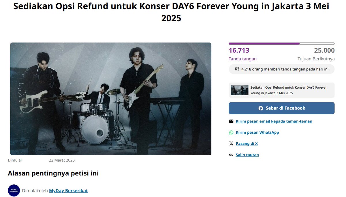 📢SERUAN UNTUK SELURUH FANDOM! 📢

My Days, petisi untuk menuntut Sediakan Opsi Refund untuk Konser DAY6 Forever Young in Jakarta 3 Mei 2025 sudah ditandatangani oleh 16.700+ orang!  

Kami ingin mengajak seluruh fandom lainnya yang pernah dirugikan oleh pihak sana untuk ikut