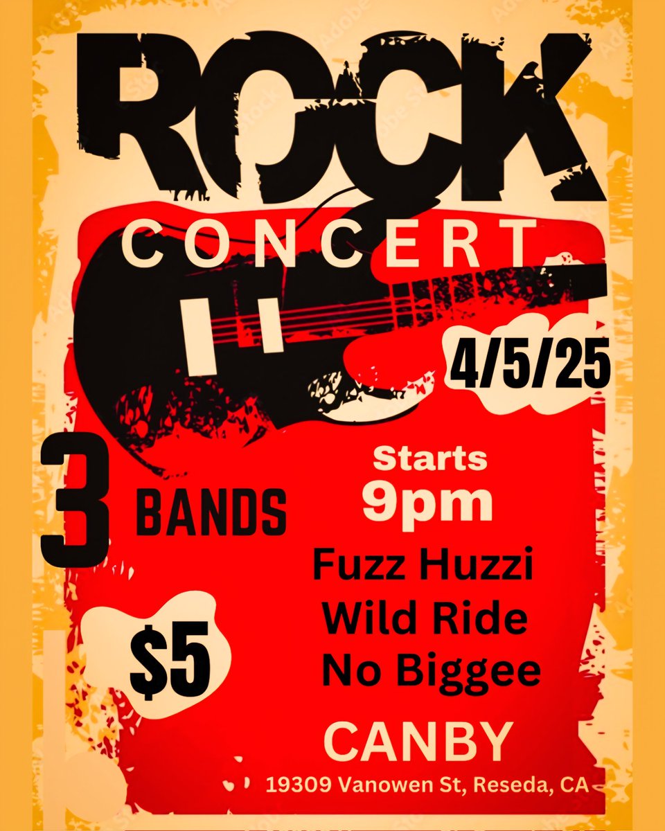 The show is scheduled to take place at Canby, located at 19309 Vanowen St, Reseda, CA 91335, Saturday April 5th from 9:00pm to 12:00am, featuring three bands, 9pm Fuzz Huzzi, 10pm Wild Ride, 11pm No Biggee with a charge $5 at thedoor.